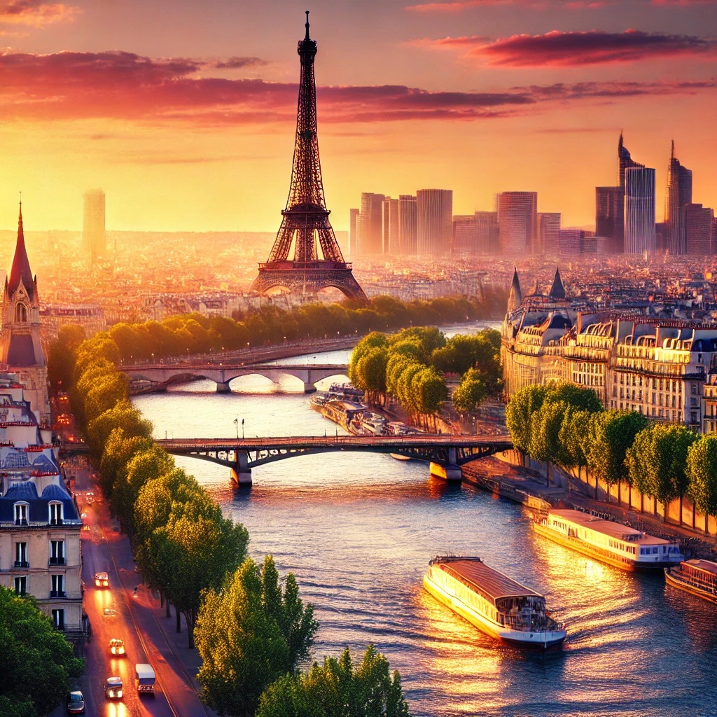 Eiffel Tower illuminated at night in Paris.